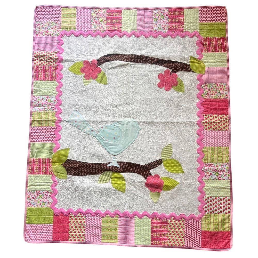 Handmade Quilted Baby Blanket Bird Floral Applique Strawberry Patchwork